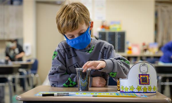 Boy plants seed in cup